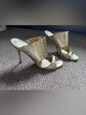 Manolo Blahnik Ripta python mule gold heels